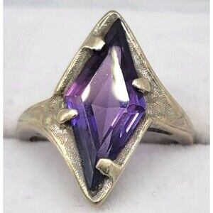 Purple Amethyst Blu-Ray Solitaire Ring 10K White Gold Size 5.80 Vintage Signed